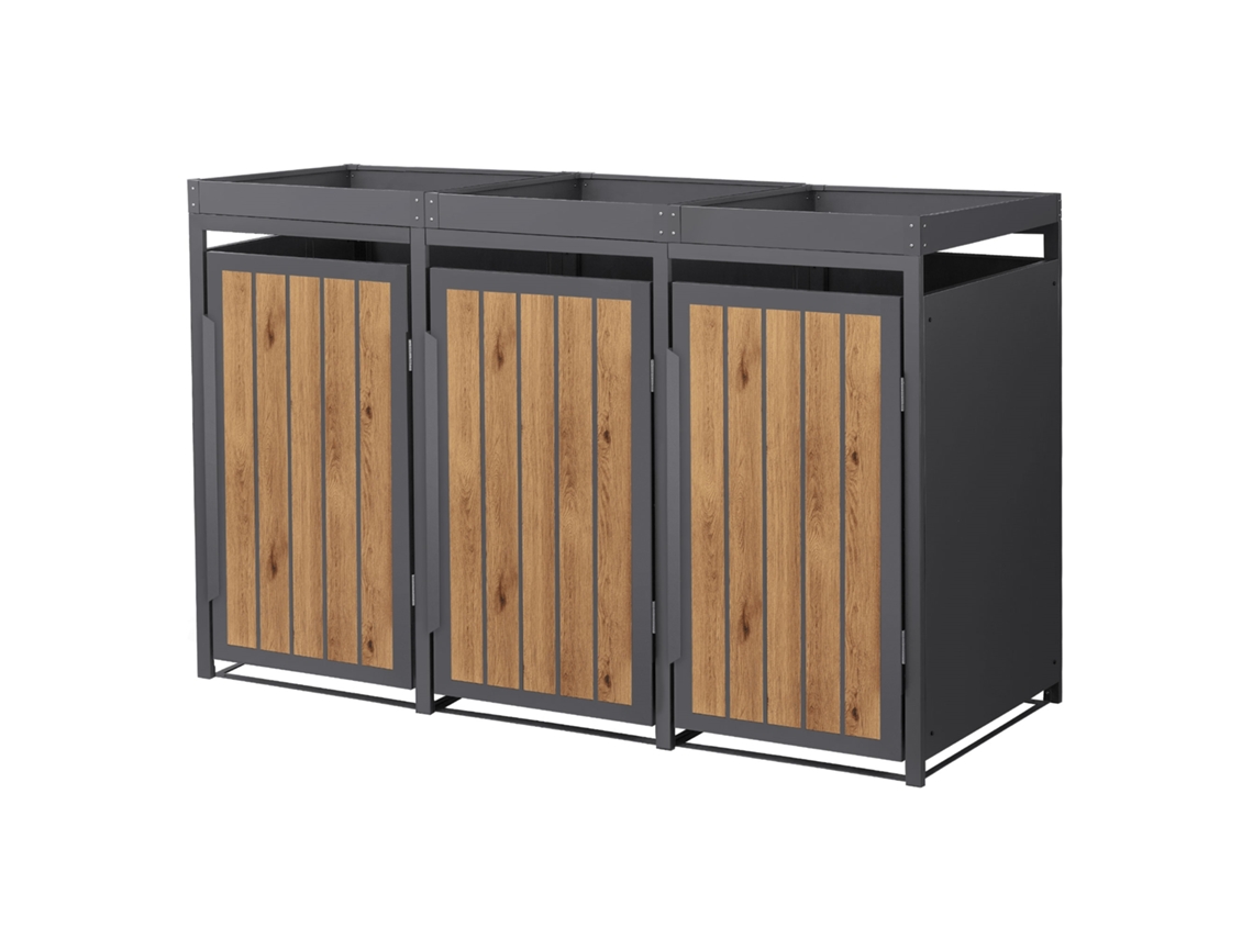 Abrigo Ml-design Para 3 Cubos Do Lixo 240l Aço Antracite-carvalho Claro Tampa Com Floreira