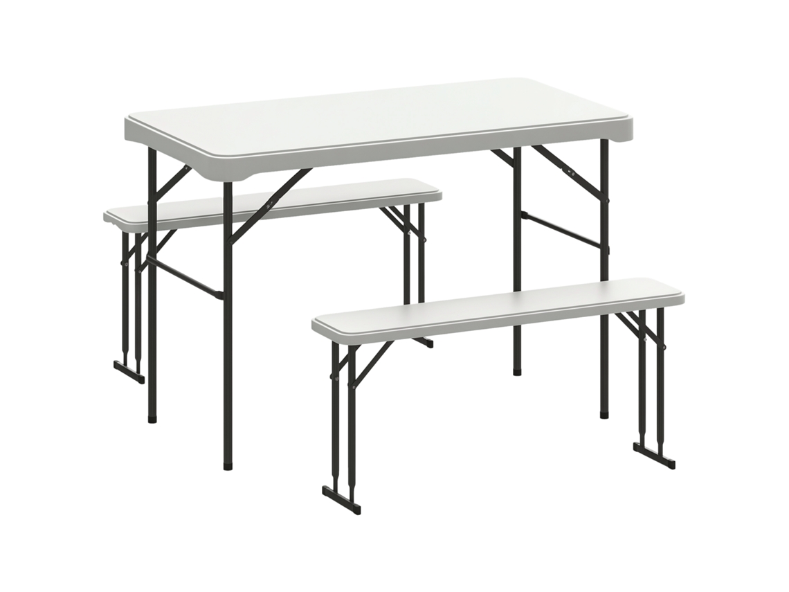 Conjunto De Mesa Dobrável E Bancos De Piquenique 113 Cm Com Alças De Transporte, Mesa E Banco Dobrável Cinza Claro E Branco