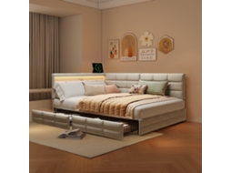 Cama de Casal Estofada 140x200 Bege com Armazenamento Led Usb Sem Colchão BURSDANY