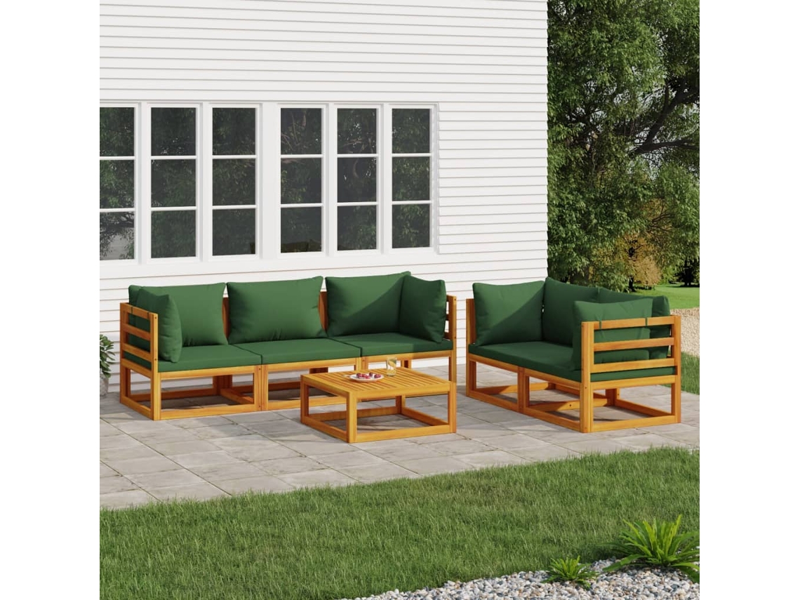 6 unidades Conj. Lounge Jardim Madeira C/almofadões Verdes Dkd Home Decor