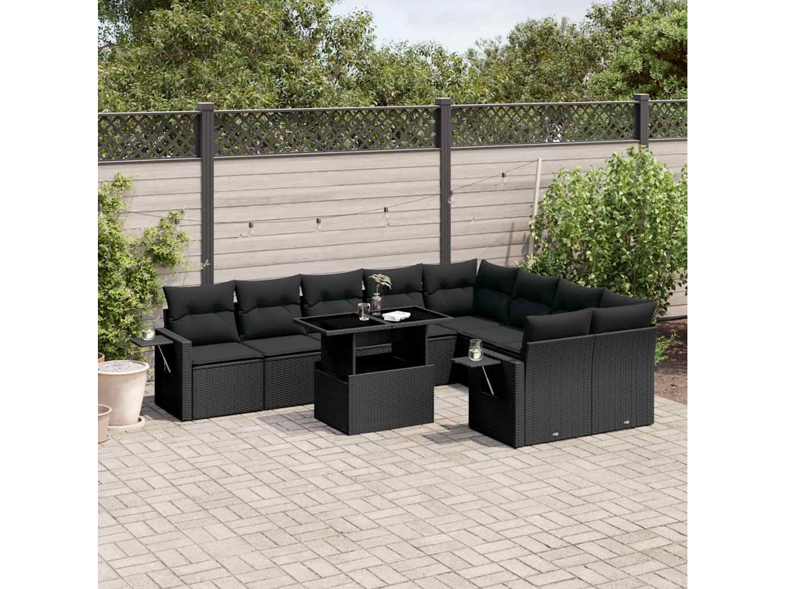 Vidaxl 10 Pcs Conjunto Sofás De Jardim C/ Almofadões Vime Pe Preto