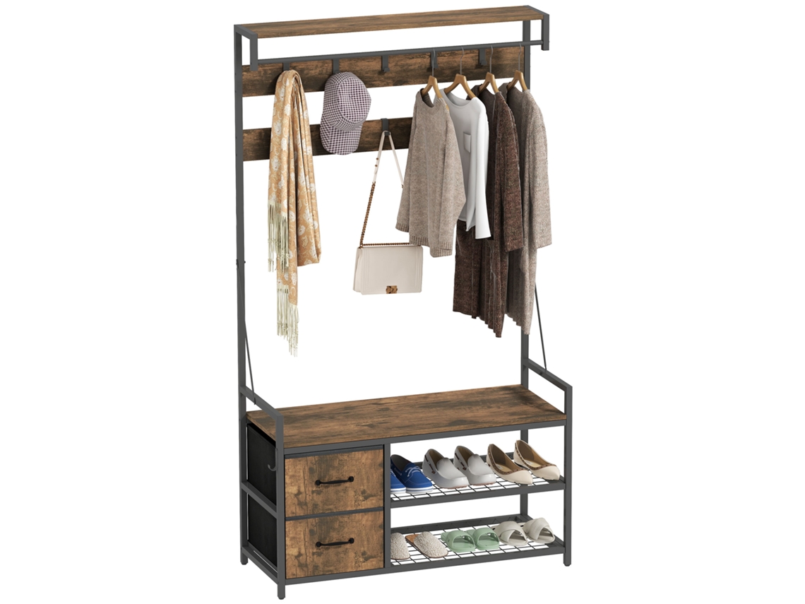 Móvel Cabide De Entrada Com Banco 10 Ganchos 2 Gavetas E Barra Para Pendurar Estilo Industrial 100x40x180 Cm Castanho Rústico
