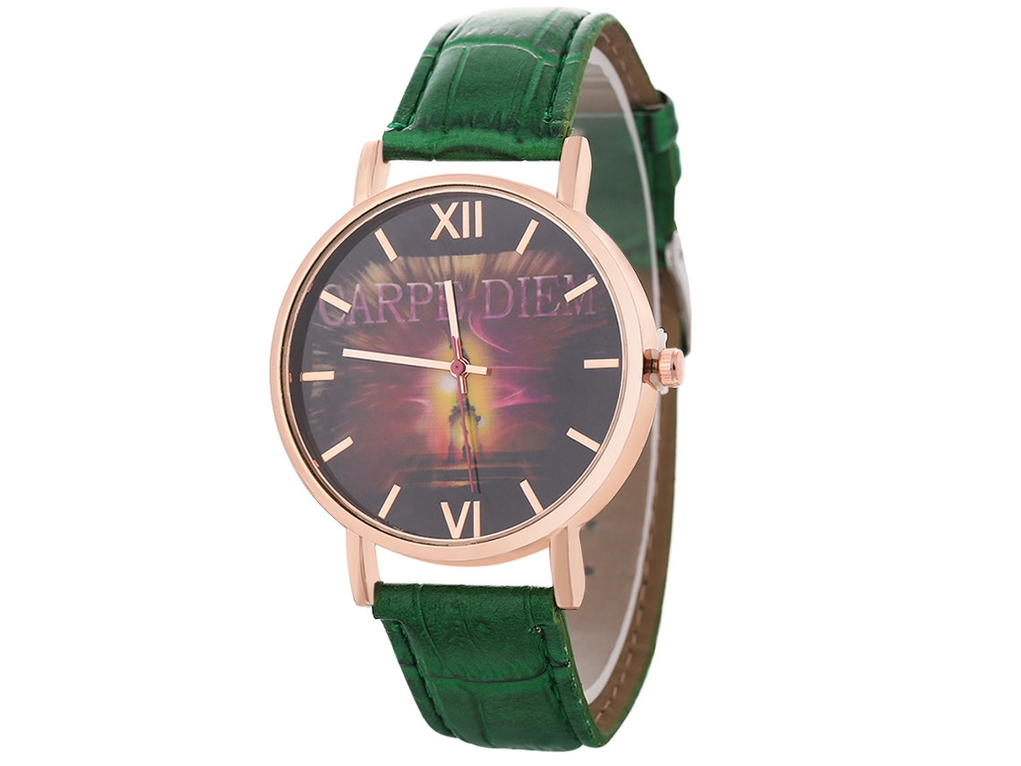 Relógio de pulso Zhoulianfa Casual Quartz para homens e mulheres com pulseira de couro PU e mostrador redondo (verde)
