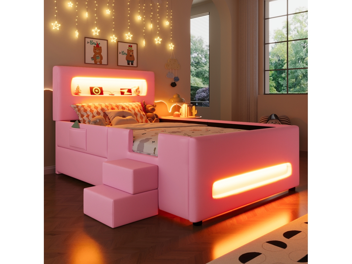 Cama Plataforma Estofada 90x200 Escada Gavetas Led Usb Bolsos Rosa