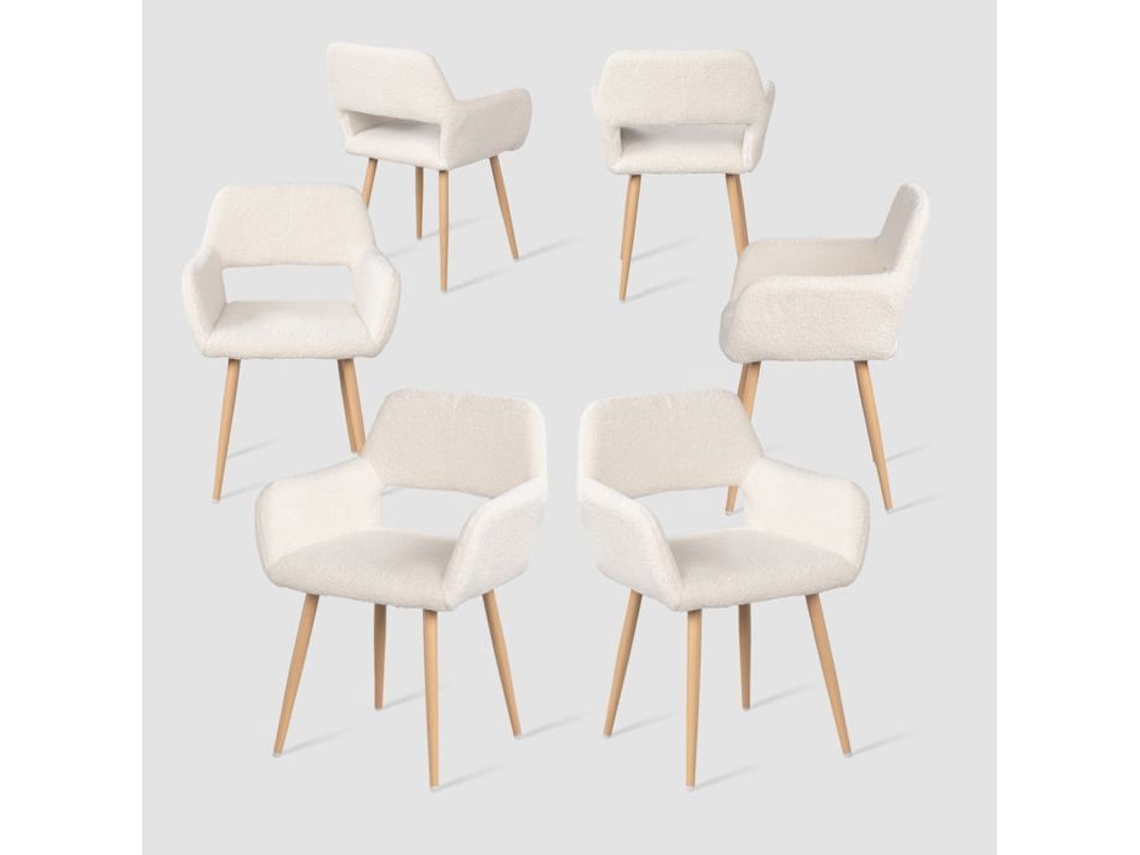 Conjunto de 6 Cadeiras de Jantar Escandinavas Braços em Tecido de Lã Felpuda Bege MEUBLES COSY