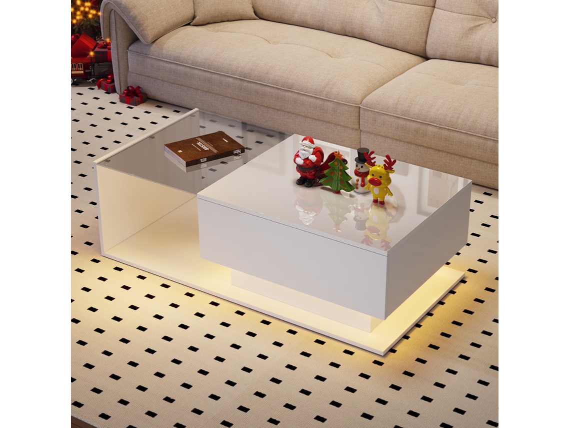 Mesa De Centro Com Iluminação Led Com Tampo Em Vidro E Gavetas Branco Mobrio