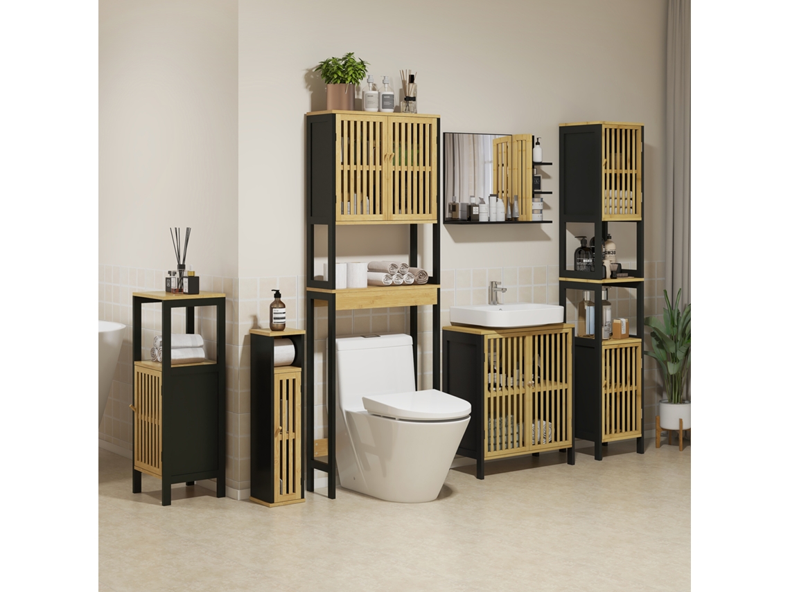 Sanitário Móvel Sopra Com Armário De 2 Portas Ripas E Prateleira Aberta, 60x21.5x172cm, Cor Madeira