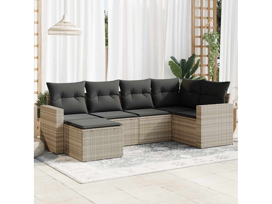 Vidaxl 6 Pcs Conj. Sofás Jardim Com Almofadões Vime Pe Cinzento-claro