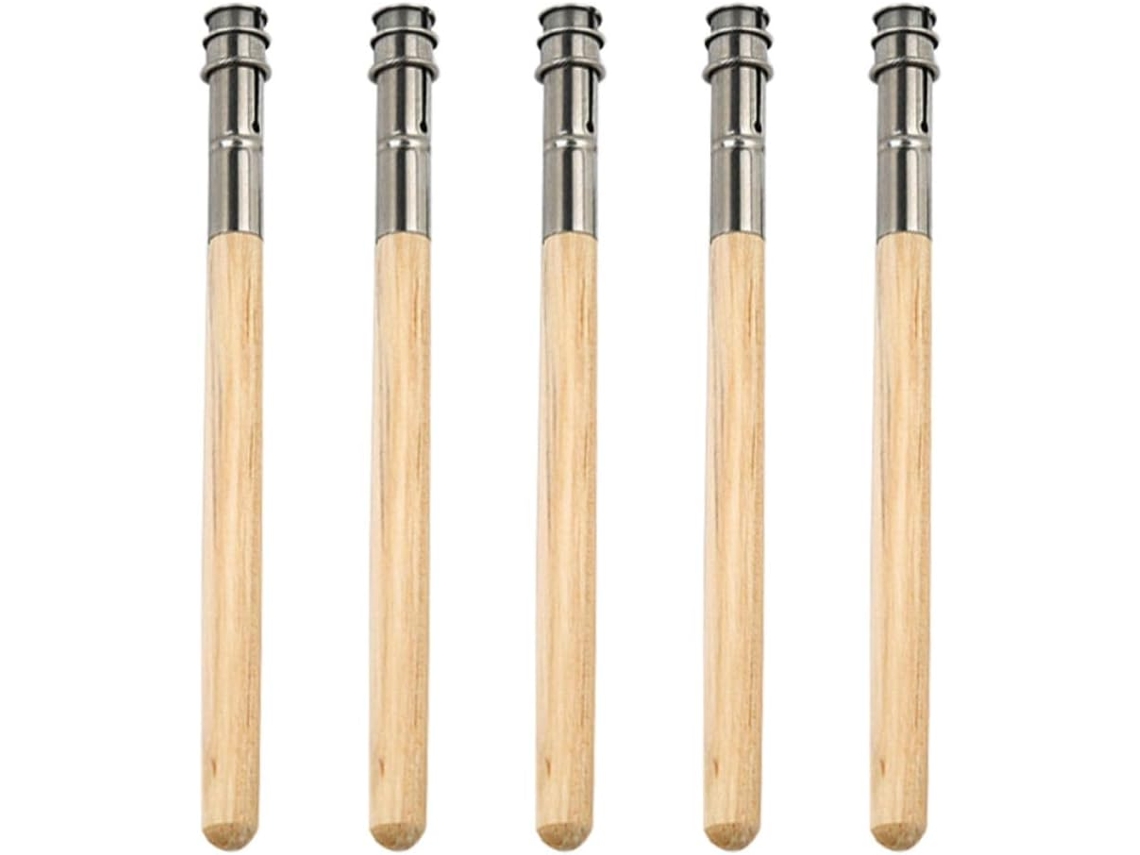 Conjunto de 5 extensores de lápis feitos de madeira e metal, fáceis de instalar.