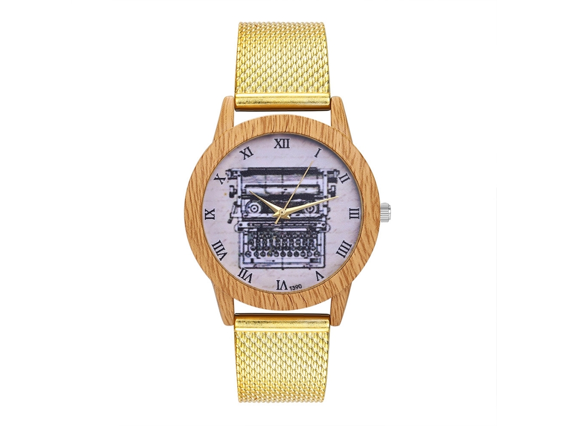 Relógio de quartzo unissex com pulseira de malha de aço, numerais romanos Zhoulianfa (dourado)
