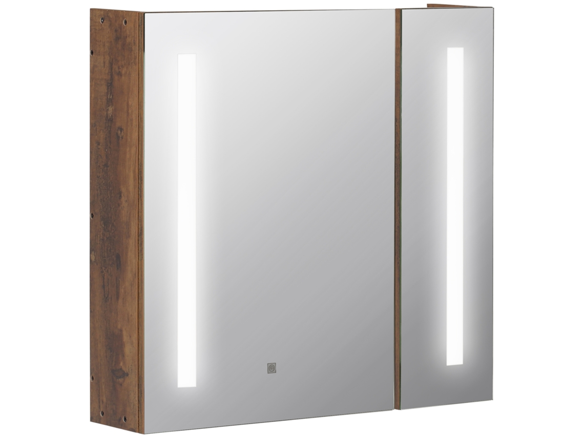 Espelho de Banheiro de Armazenamento com Luzes Led Ajustáveis, Armário do Banheiro com 2 Portas Espelhadas e Prateleira 70x15x65cm Marrom