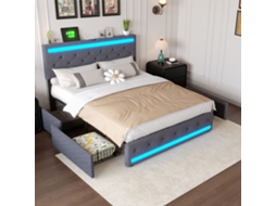 Cama De Casal Adulta 140x200 Cm Com Led, 4 Gavetas, Estrado De Ripas, Cama Estofada, Linho, Cinzento Escuro, Sem Colchão