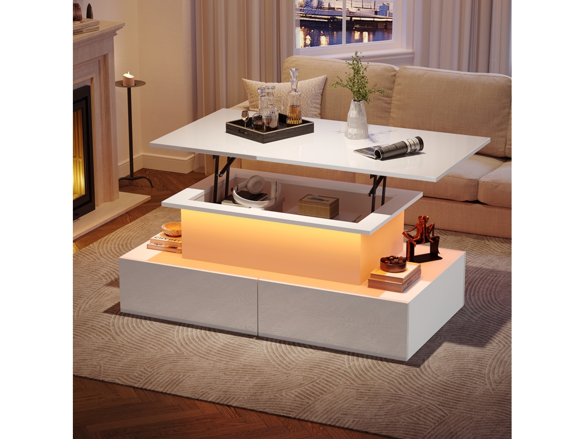 Mesa Centro Branca com Led 4 Gavetas 90x55x41 30kg Moderna