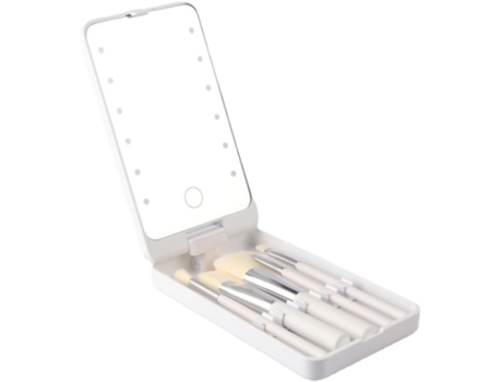 Espelho de Maquiagem Portátil com 5 Pincéis de Maquiagem Caixa de Armazenamento de Viagem Led Espelho de Maquiagem Recarregável Branco BISBISOUS