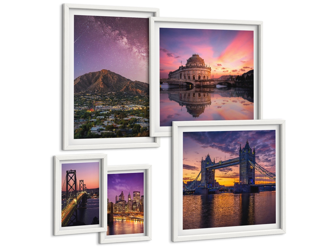 Composição De Quadros Pontes, Sol, Vistas Da Cidade Moldura Branca Imagens Para Um Quarto Infantil Espelharte (conjunto De 5 Imagens)
