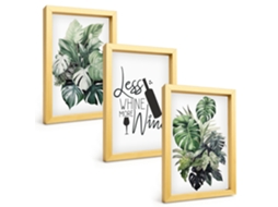 Composição De Quadros Na Paredefolhas De Plantas Em Vinho Verde Moldura Dourada Quadros Para A Sala De Estar Espelharte (3 Peças 20x30 Cm)
