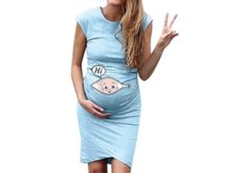 Vestido Maternidad Suelto Casual Plus Size Con Estampado De Letras Y Dibujos Animados Azul Cielo L