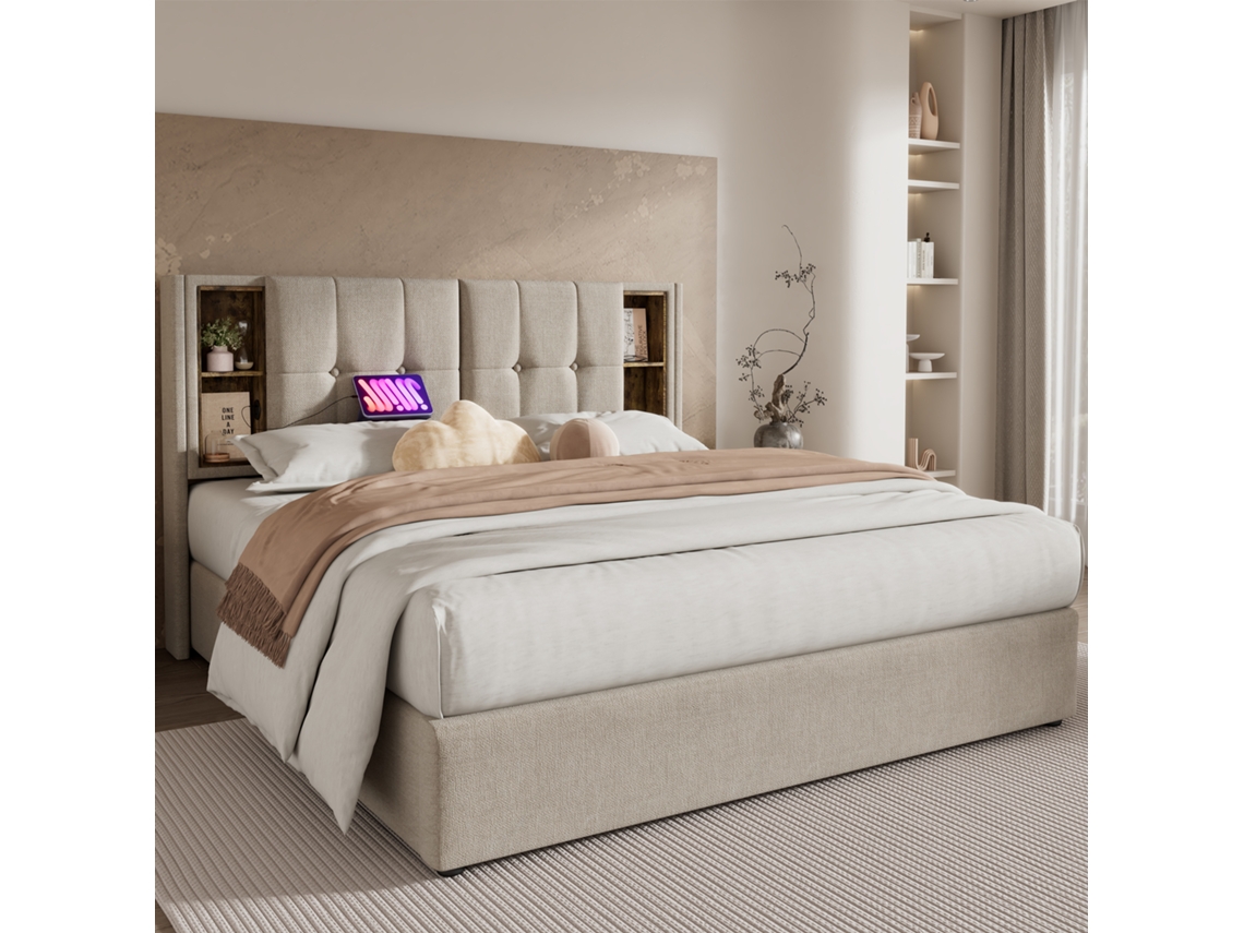 Cama Casal Linho Natural 140x200 Cm, Usb-c, Arrumação, Moderna