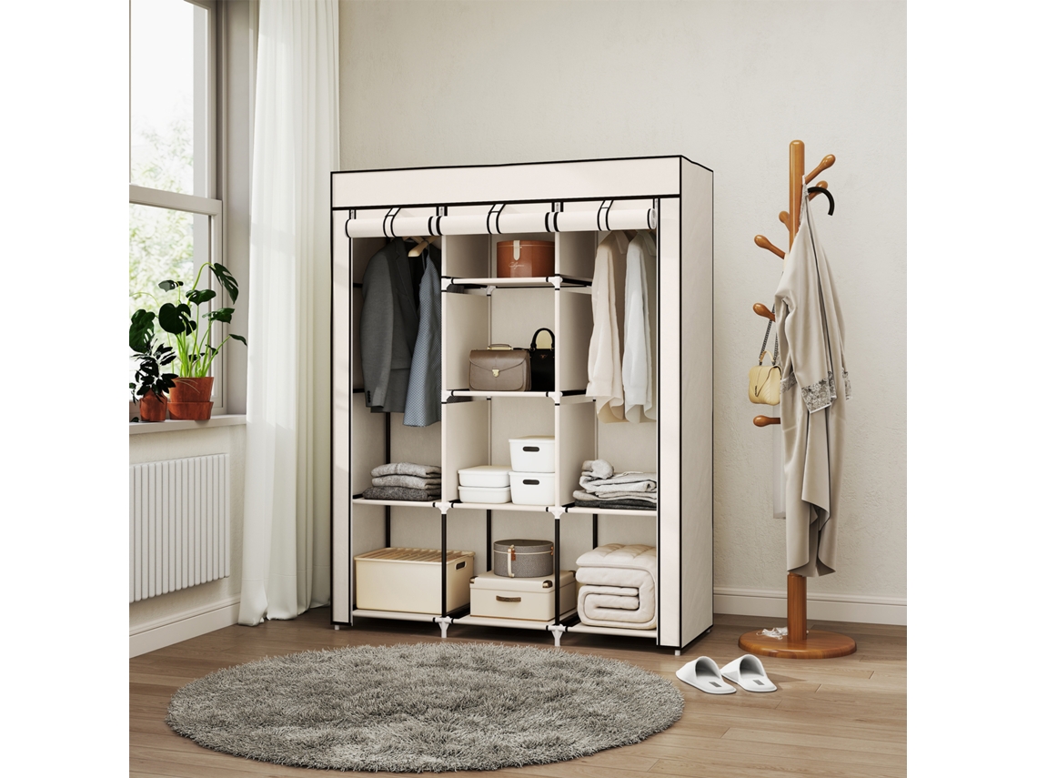 Fabric Closet, Storage Solution, 8 Shelves, 2 Hanging Rails, Cream White