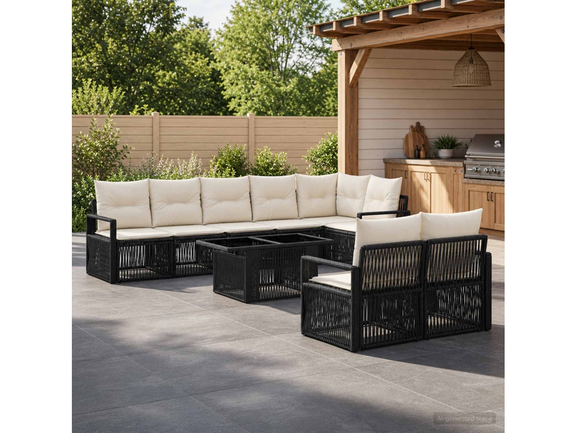 Vidaxl Conjunto De Sofá De Jardim 9 Unid. Preto E Branco Creme Vime Pe
