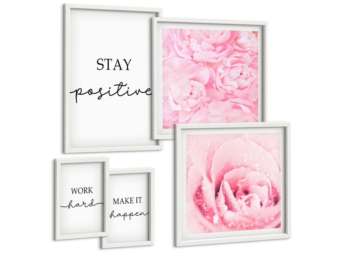 Conjunto De Pinturas Frases Motivacionais Com Flores Espelharte (5 Peças)