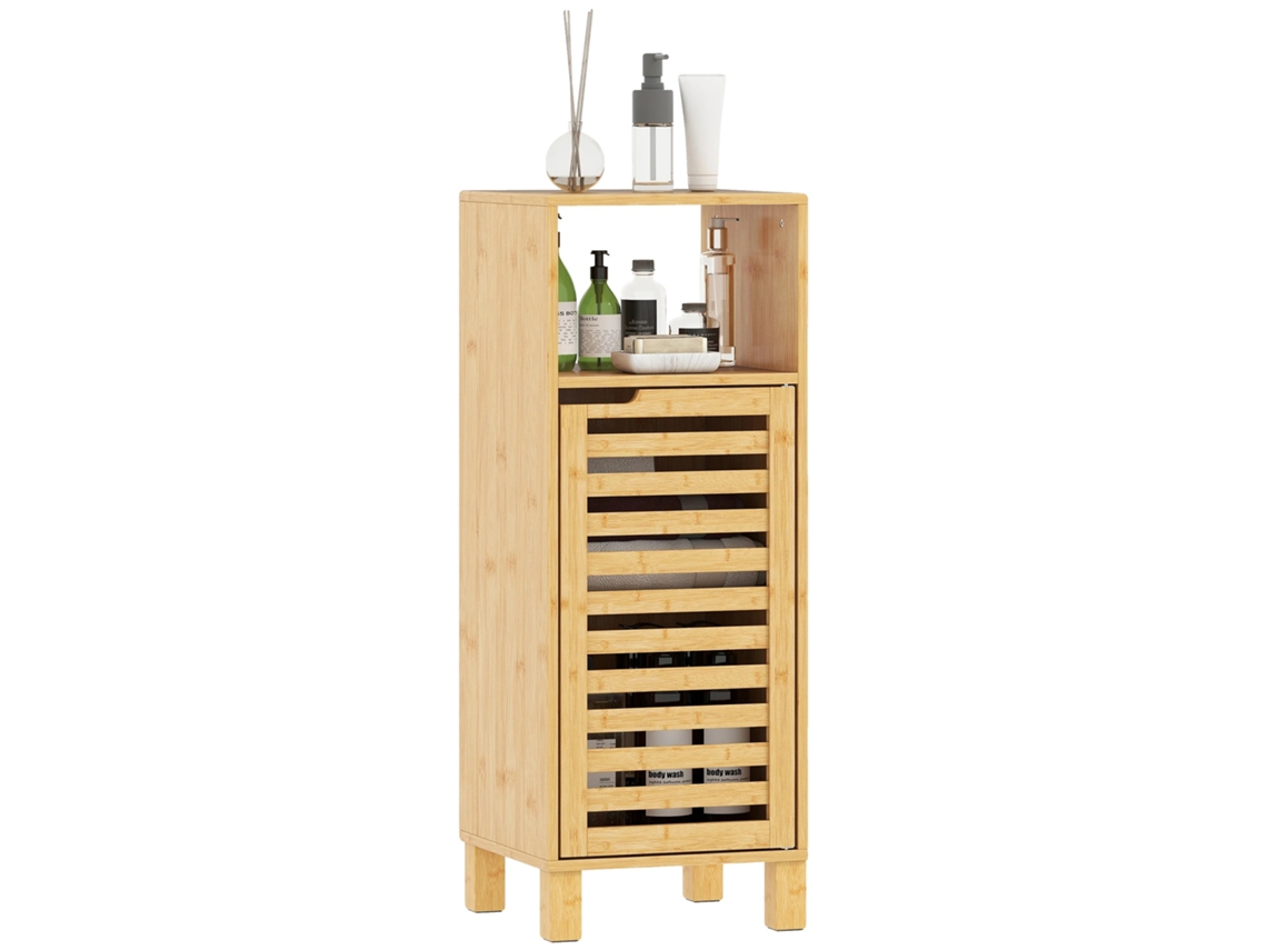 Armário De Banheiro, Design Alto E Estreito, Material De Bambu, Madeira Natural-60x30x108 Cm
