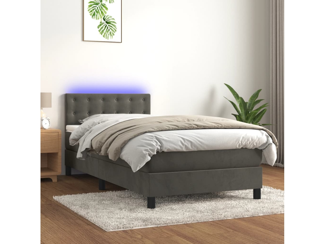 Vidaxl Cama Box Spring C/ Colchão/led 90x200 Cm Veludo Cinzento-escuro