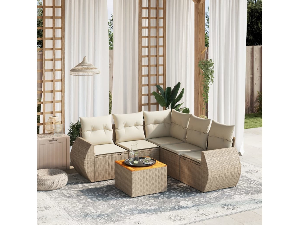 Vidaxl 6 Pcs Conjunto De Sofás P/ Jardim Com Almofadões Vime Pe Bege