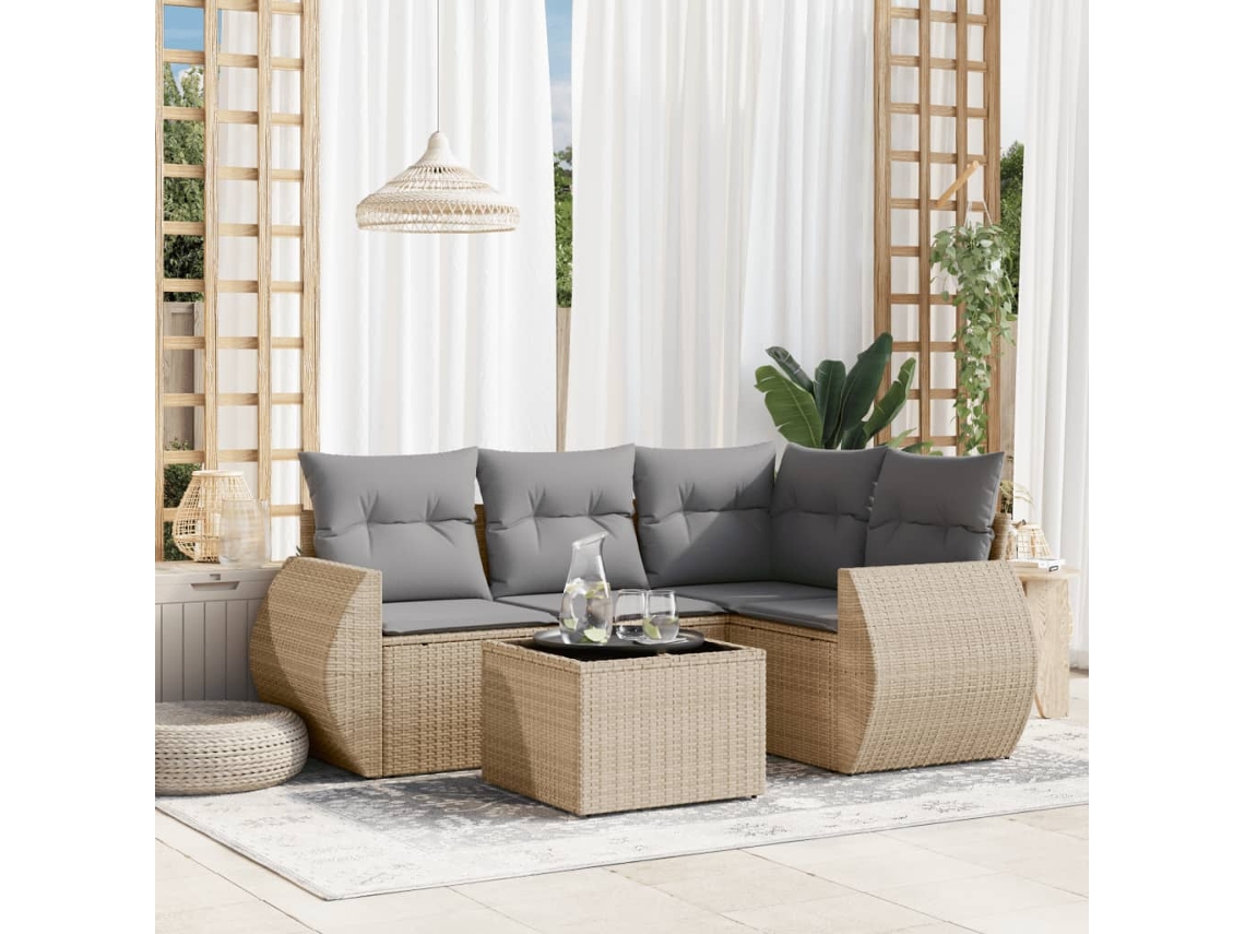 Vidaxl 5 Pcs Conjunto De Sofás P/ Jardim Com Almofadões Vime Pe Bege