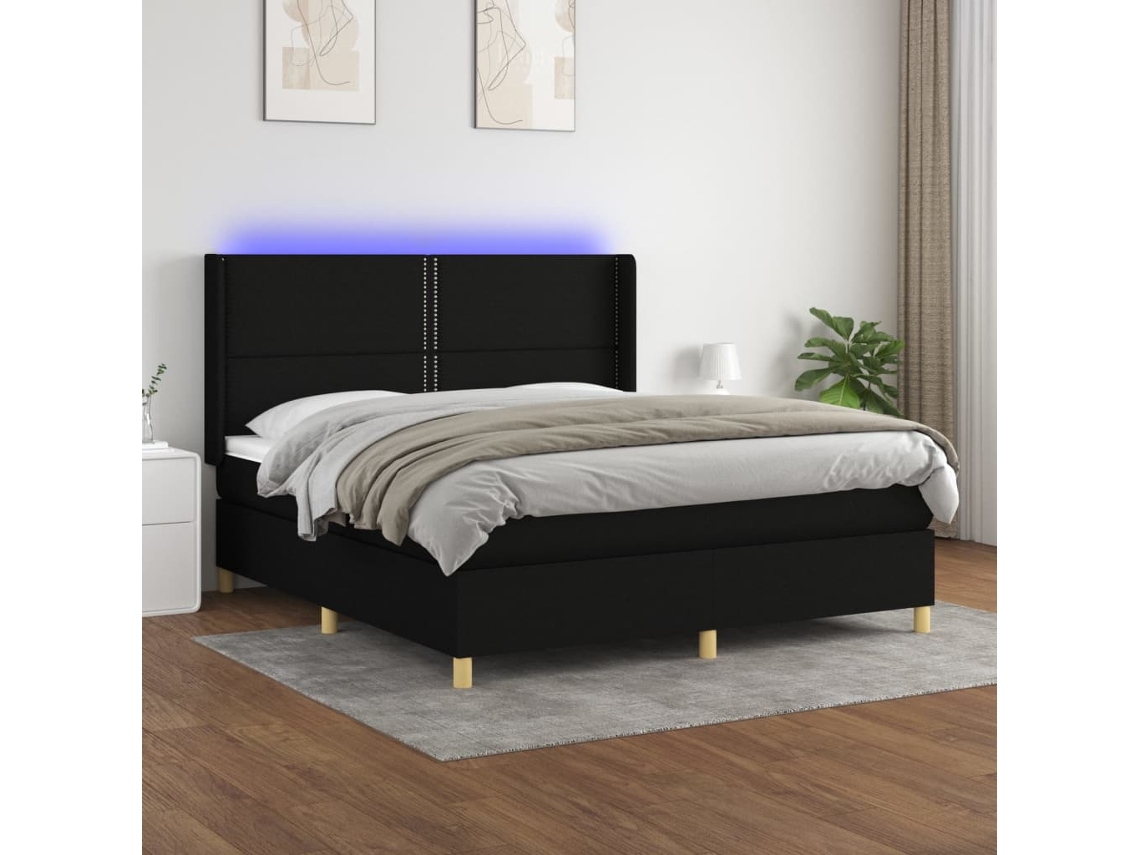 Vidaxl Cama Box Spring C/ Colchão E Led 180x200 Cm Tecido Preto