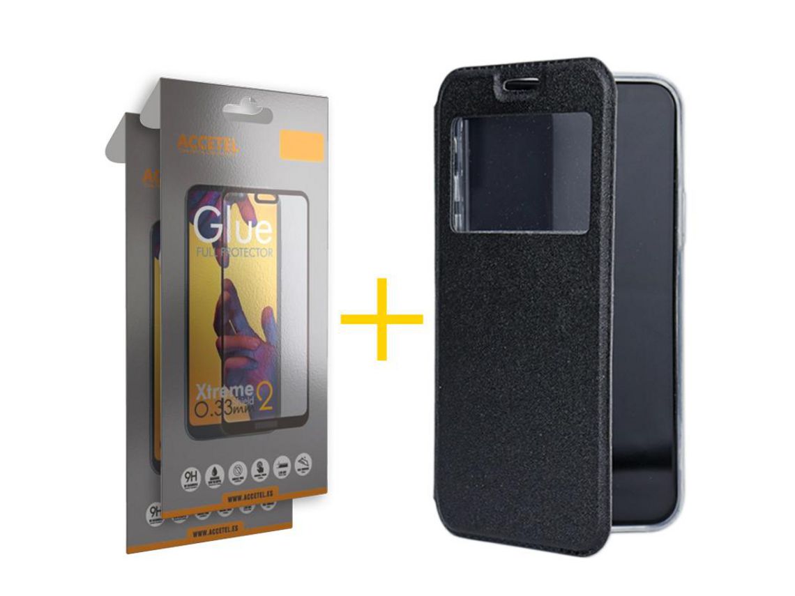 Pack 2 x Película de Vidro Temperado Full + Capa ACCETEL Samsung Galaxy M22 Gandy Flip Cover Preto