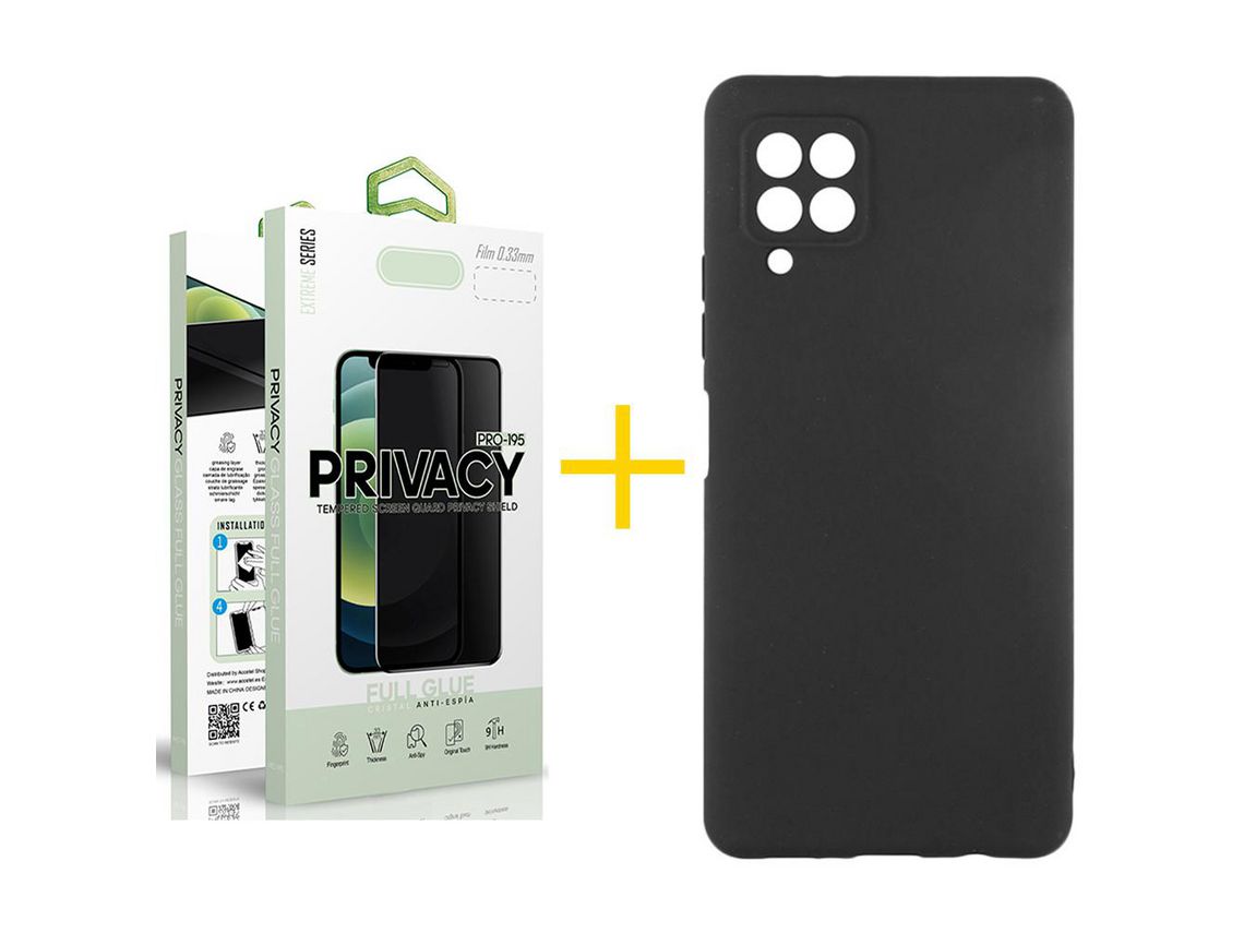 Pack 1 Película Anti-Spy + Capa SKYHE para Samsung Galaxy M12 Silicone Líquido Preto
