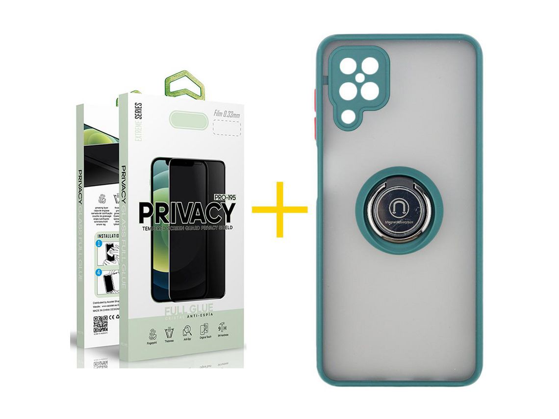 Pack 1 Película Anti-Spy + Capa SKYHE para Samsung Galaxy M12 Gel Bumper Ring Verde