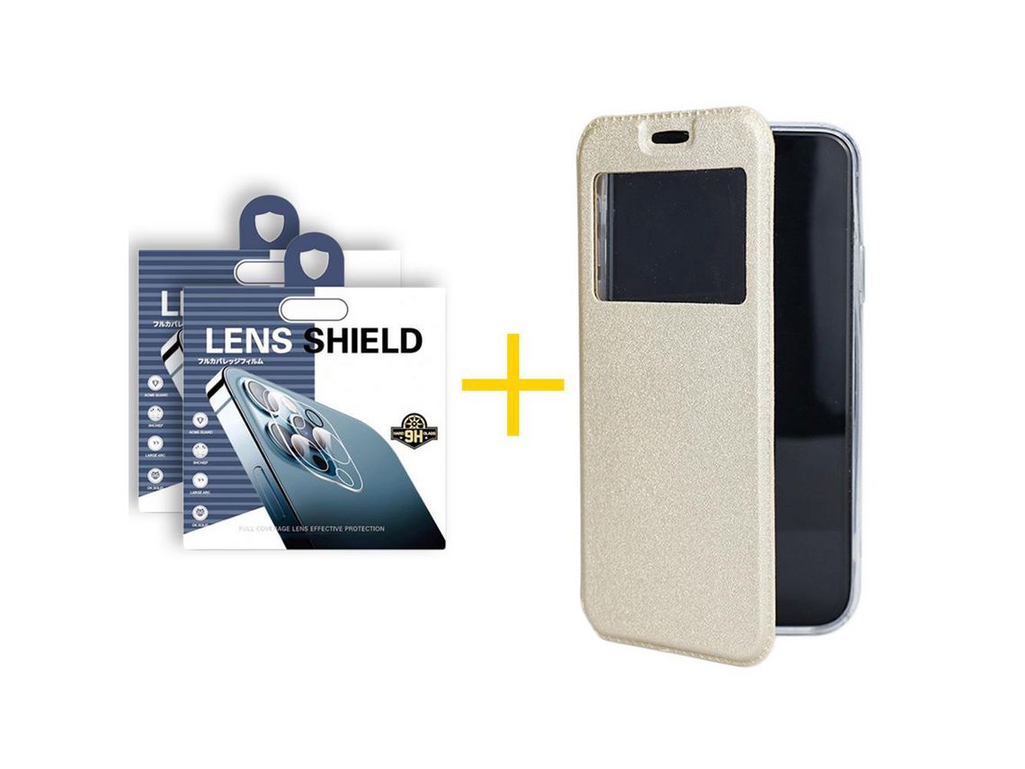 Pack 2 Películas de Câmara + Capa SKYHE para Samsung Galaxy A22 4G Gandy Flip Cover Dourado