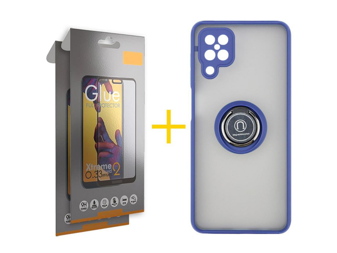 Pack 2 Películas Full + Capa SKYHE para Samsung Galaxy M22 Gel Bumper Ring Azul