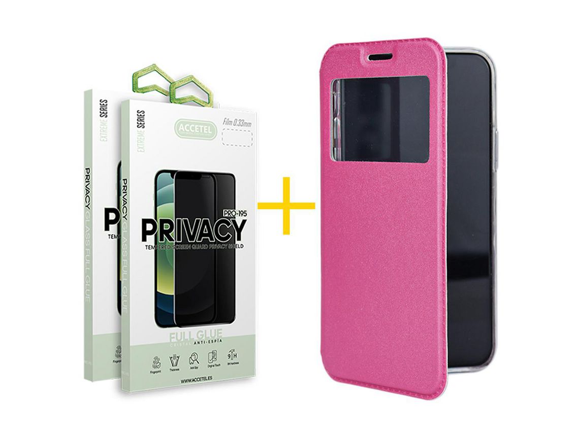 Conjunto 2 x Película de Vidro Temperado Anti-Spy + Capa Accetel Apple iPhone 14 Pro Gandy Flip Cover Rosa