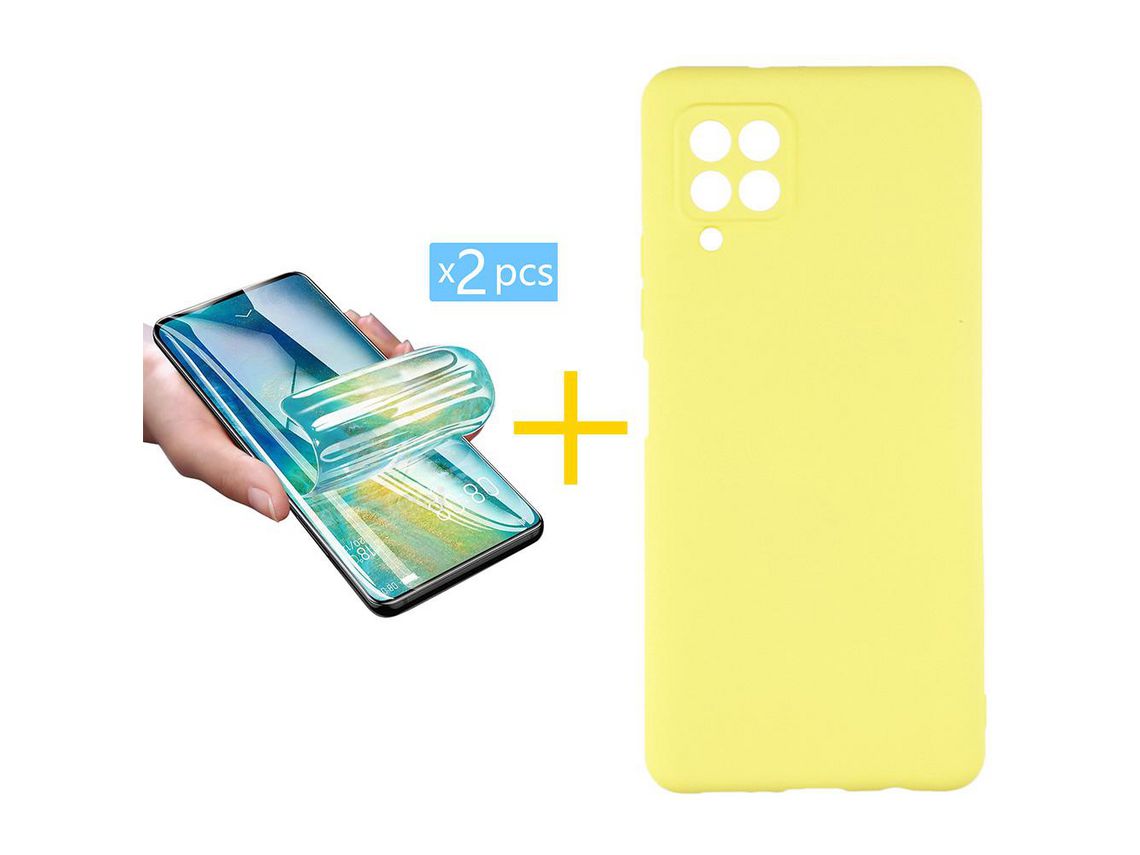 Pack 2 Películas + Capa SKYHE para Samsung Galaxy A42 5G Silicone Líquido Amarelo