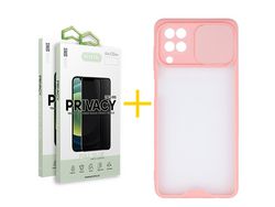 Pack 2 x Película de Vidro Temperado Anti-Spy + Capa ACCETEL Samsung Galaxy A22 4G Gel Proteção Câmara Rosa-Creme