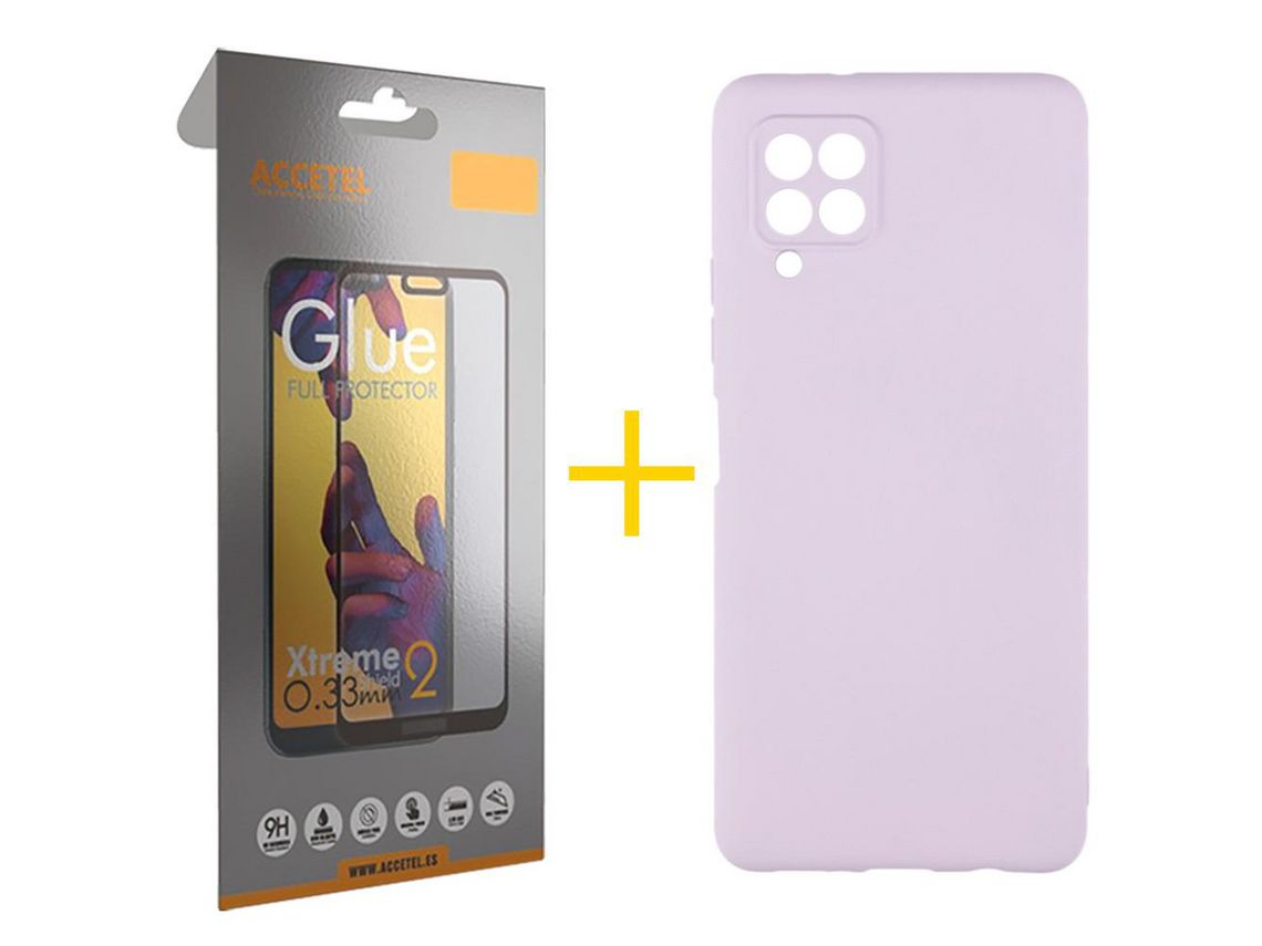 Pack 1 x Película de Vidro Temperado Full + Capa ACCETEL Samsung Galaxy A22 4G Silicone Líquido Roxo