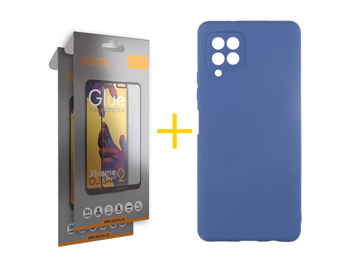 Pack 2 x Película de Vidro Temperado Full + Capa ACCETEL Samsung Galaxy A12 4G Silicone Líquido Azul