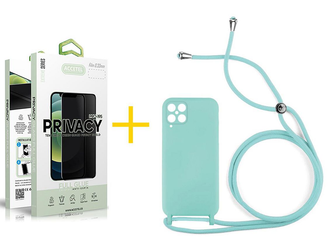 Pack 1 x Película de Vidro Temperado Anti-Spy + Capa ACCETEL Samsung Galaxy A12 5G Gel Rope Verde Água