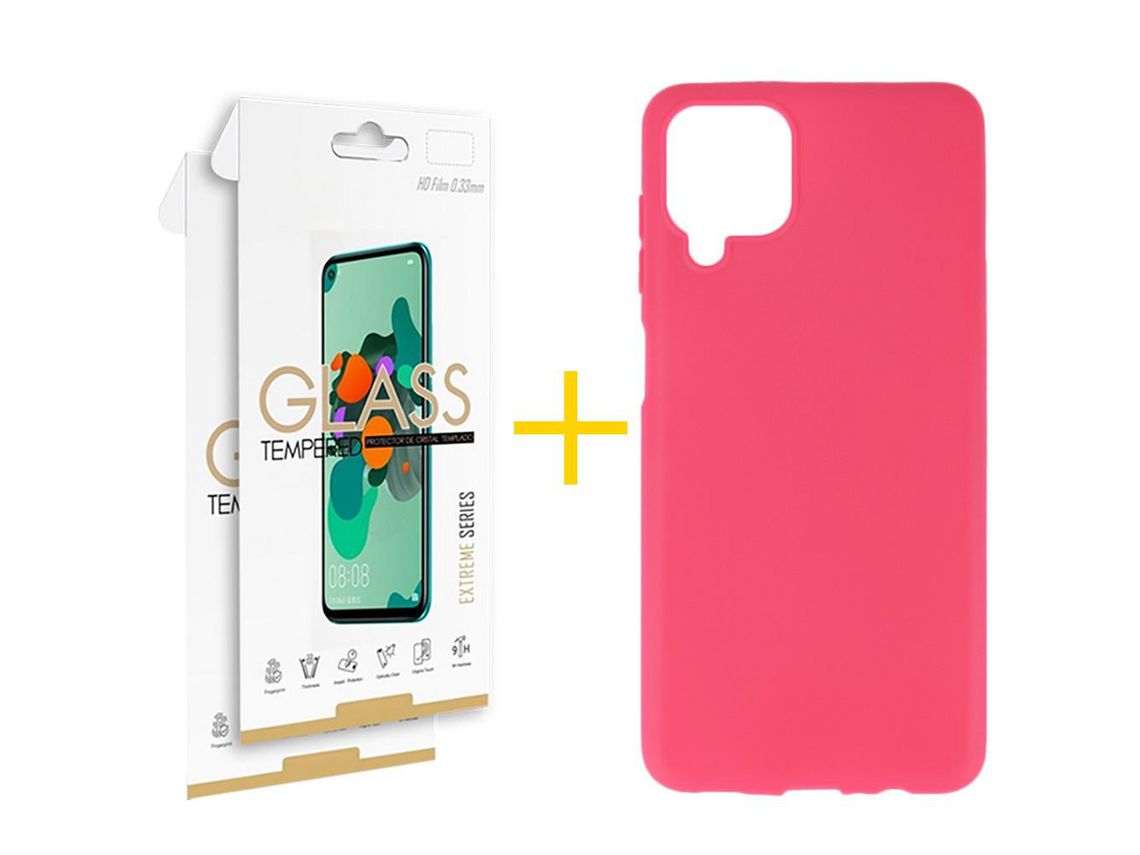 Pack 2 Películas 2.5D + Capa SKYHE para Samsung Galaxy A12 5G Silicone Liso Rosa
