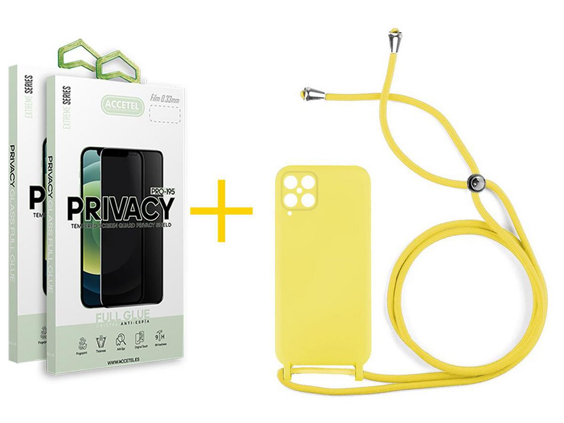 Pack 2 x Película de Vidro Temperado Anti-Spy + Capa ACCETEL Samsung Galaxy A12 4G Gel Rope Amarelo