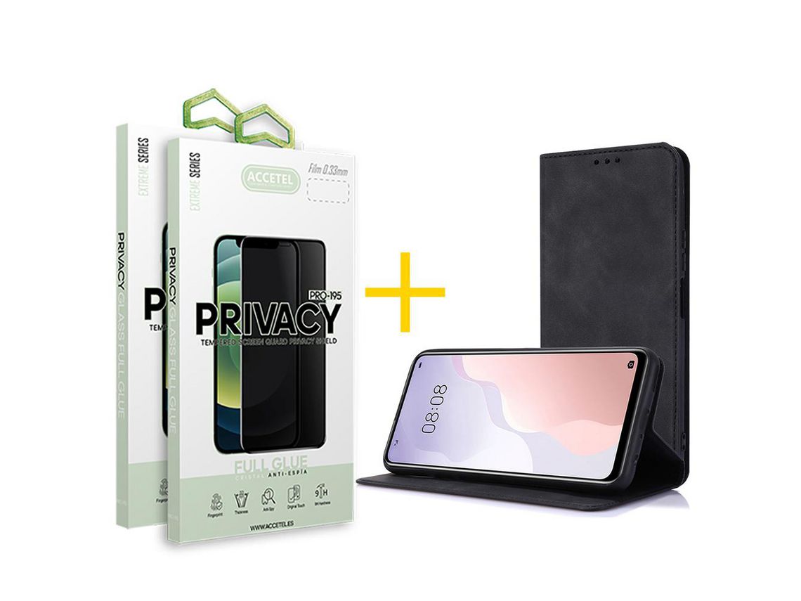 Pack 2 x Película de Vidro Temperado Anti-Spy + Capa ACCETEL Samsung Galaxy A22 4G PRM Flip Cover Preto