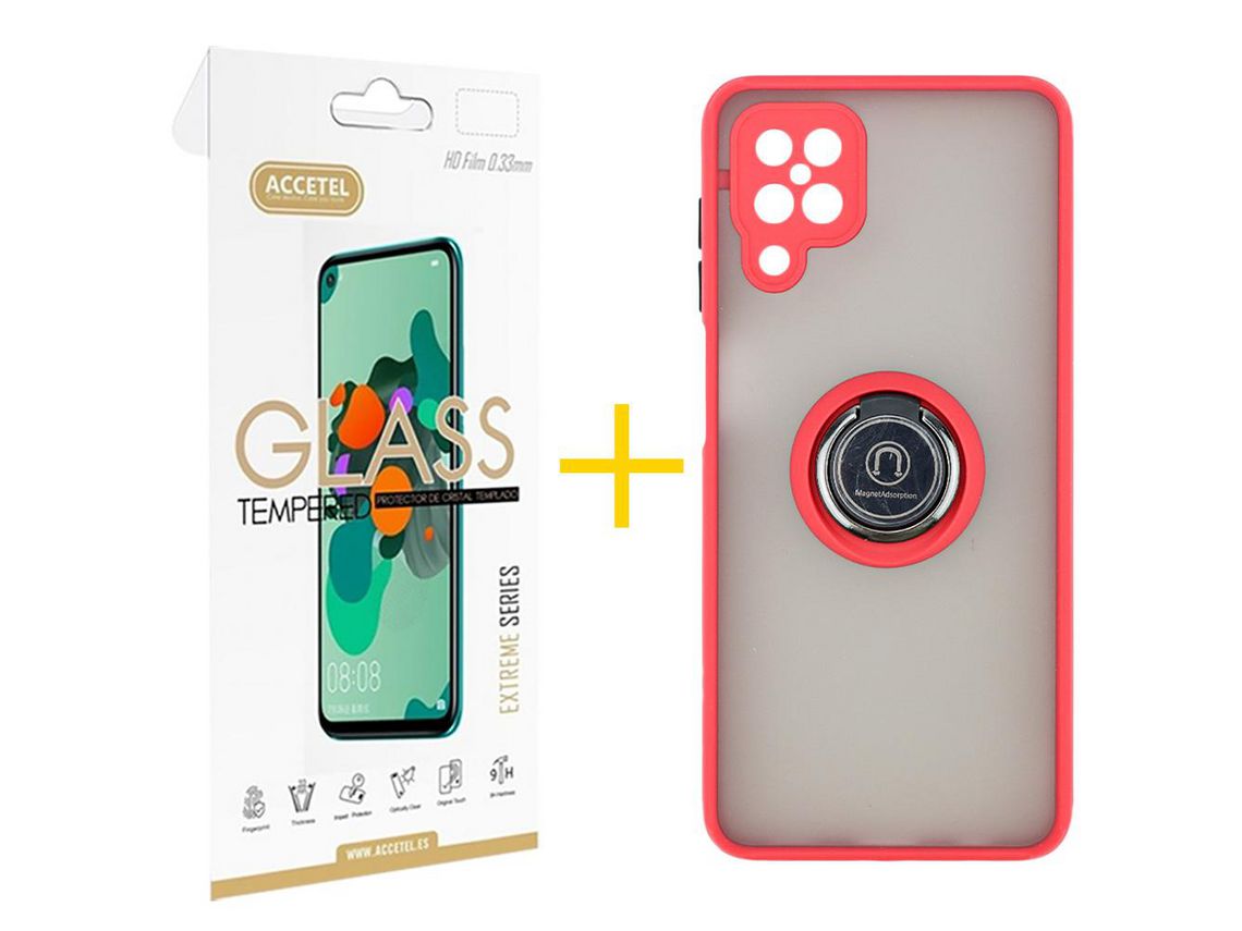 Pack 1 x Película de Vidro Temperado 2.5D + Capa ACCETEL Samsung Galaxy A22 4G Gel Bumper Ring Vermelho