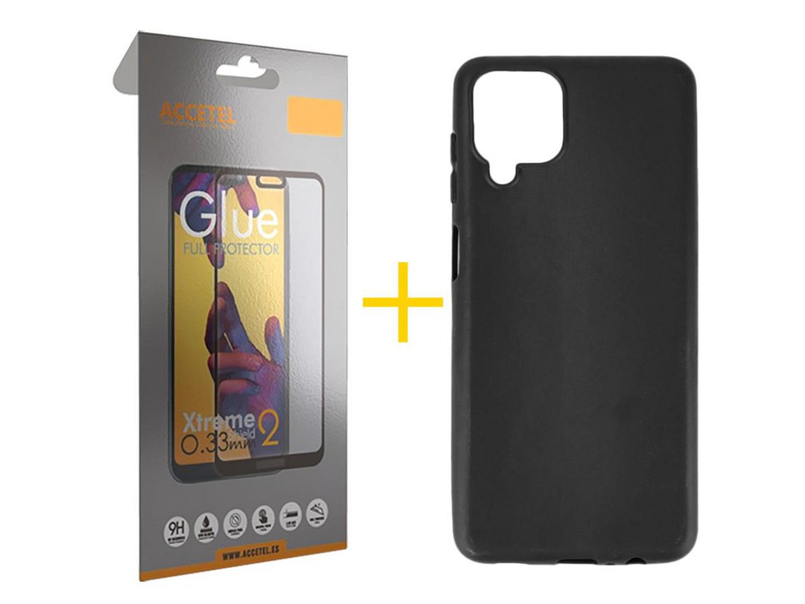 Pack 1 x Película de Vidro Temperado Full + Capa ACCETEL Samsung Galaxy M22 Silicone Liso Preto
