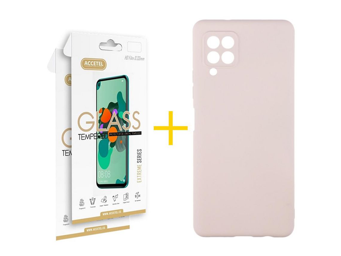 Pack 2 x Película de Vidro Temperado 2.5D + Capa ACCETEL Samsung Galaxy A22 4G Silicone Líquido Rosa-Creme