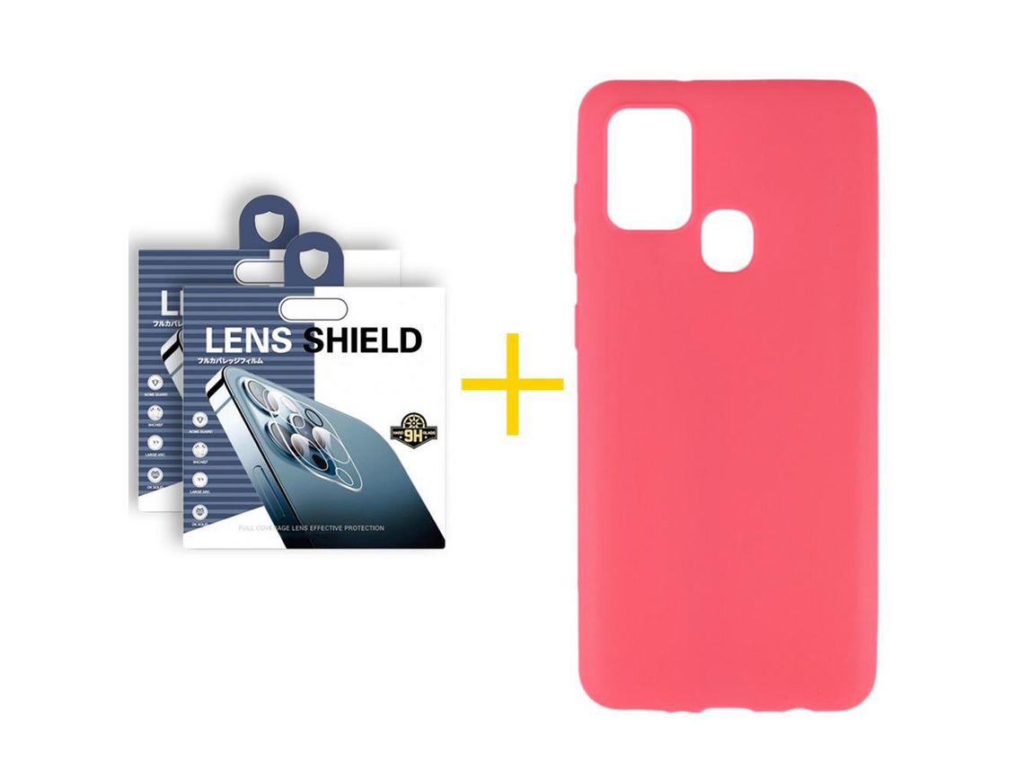 Pack 2 Películas de Câmara + Capa SKYHE para Samsung Galaxy A21s Silicone Liso Rosa