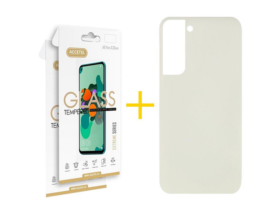 Pack 2 x Película de Vidro Temperado 2.5D + Capa ACCETEL Samsung Galaxy S22 Plus 5G Silicone Líquido Sand