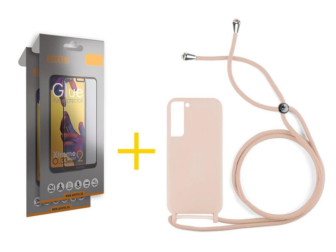 Pack 2 x Película de Vidro Temperado Full + Capa ACCETEL Samsung Galaxy S21 FE 5G Gel Rope Rosa Pastel